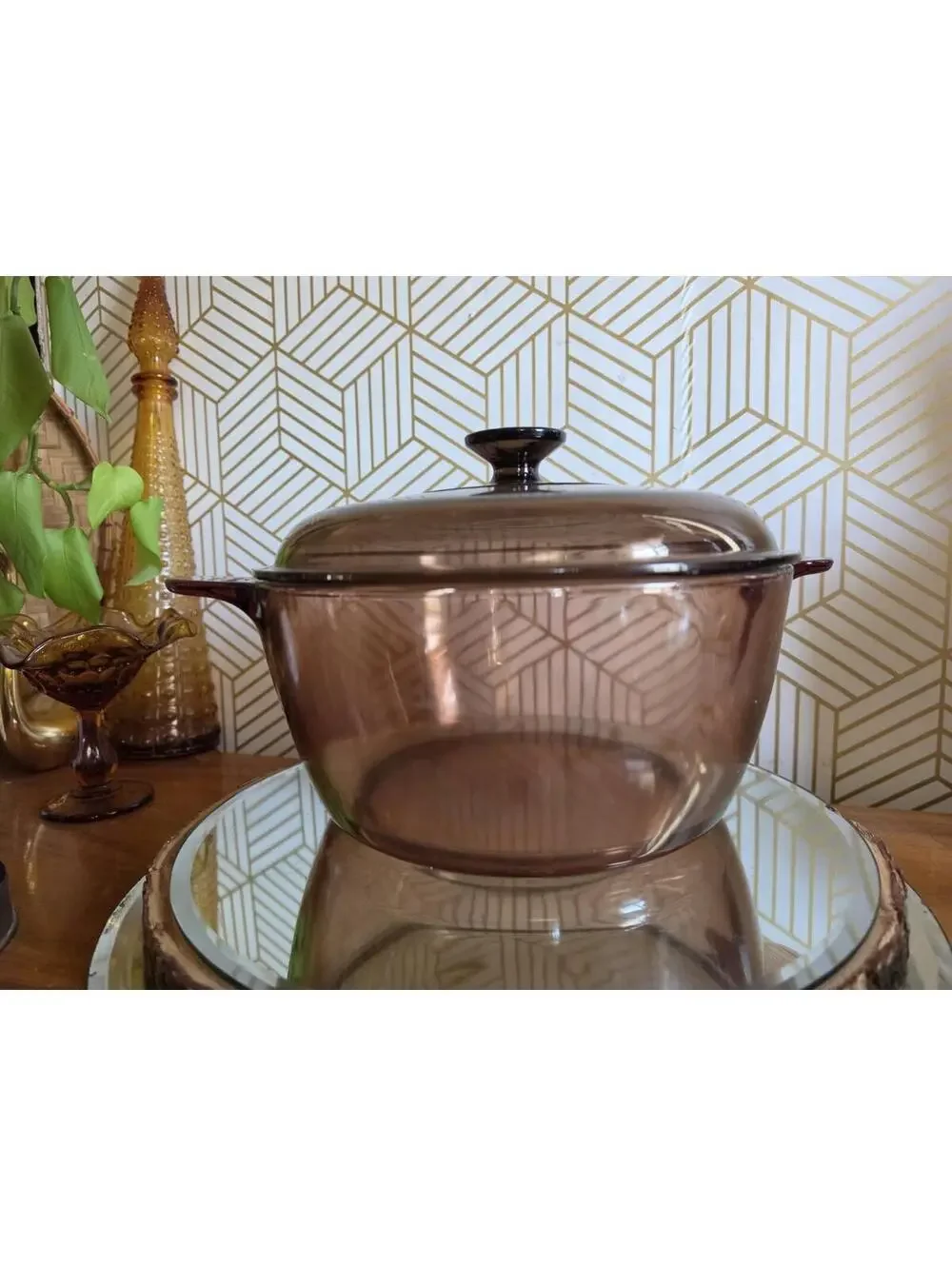 Vintage Vision Ware Brown/Amber Glass Dutch Oven 4.5L Stockpot W/ Lid